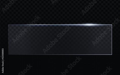 Glass pane vector, wide horizontal rectangular shape with light reflection at the top edge. Realistic transparent material with subtle highlights. Dark checkered background overlay. Modern, sleek 