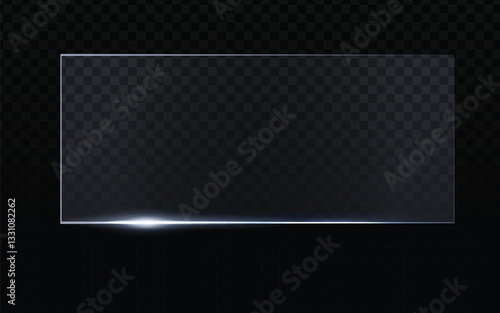 Glass pane vector, horizontal rectangular shape with light reflection at the bottom edge. Realistic transparent material with subtle highlights. Dark checkered background overlay. Modern, sleek design
