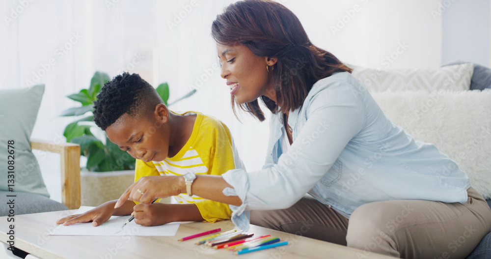 House, mom or education for child, teaching or smile with son in living room, learning or care for boy. Home, woman or kid with notebook in lounge, knowledge or black family in apartment with support House, mom or education for child, teaching or smile with son in living room, learning or care for boy. Home, woman or kid with notebook in lounge, knowledge or black family in apartment with support