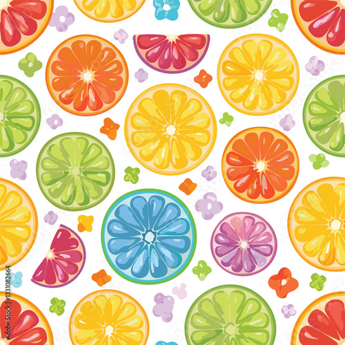 Seamless pattern of Fruit and flower sparkling jewels. The fruit slices are arranged a beautiful; for textile printing