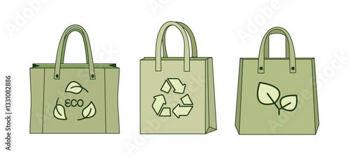 Set of Shopping bags, reusable shopper for groceries, food. Eco-friendly bio material, green fabric bag . Save planet by recycling , sustainable shopping, mindful lifestyle. Vector illustration