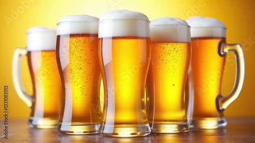 Five glasses of beer with frothy heads are lined up against a yellow background, showcasing their golden color and bubbles.