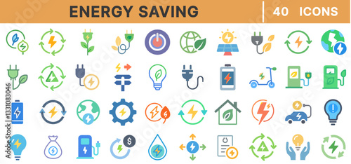 Energy Saving Line Icons Set – Renewable Energy, Sustainable Power, Eco-Friendly Electricity, Smart Grid, Battery Storage, Solar Panels, and Green Technology