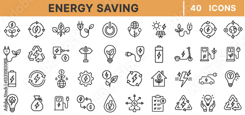 Energy Saving Line Icons Set – Renewable Energy, Sustainable Power, Eco-Friendly Electricity, Smart Grid, Battery Storage, Solar Panels, and Green Technology