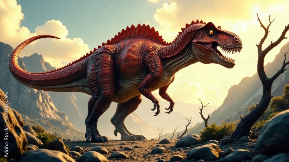 Fototapeta premium A Majestic Crimson Dinosaur Roams a Serene Prehistoric Landscape at Sunset