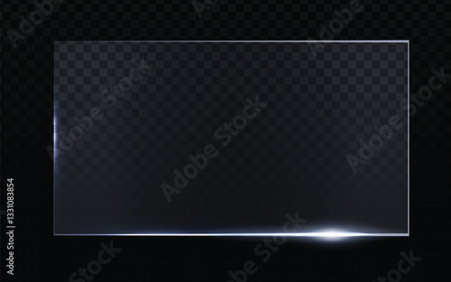 Glass pane vector, rectangular shape with light reflection at the bottom edge. Realistic transparent material with subtle highlights. Dark checkered background overlay. Modern, sleek design. Perfect 