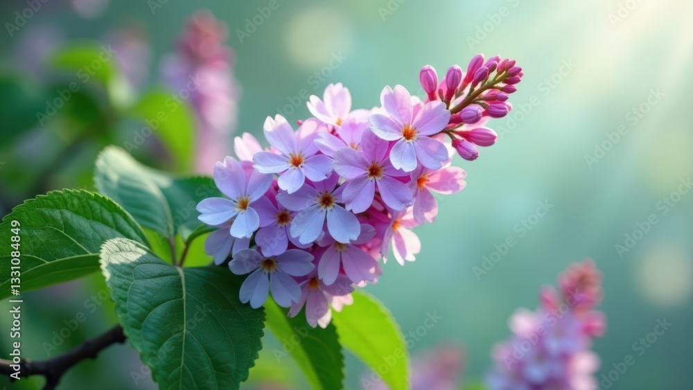 Delicate Pink Blossoms on a Branch with Lush Green Foliage in Soft Natural Light Delicate Pink Blossoms on a Branch with Lush Green Foliage in Soft Natural Light