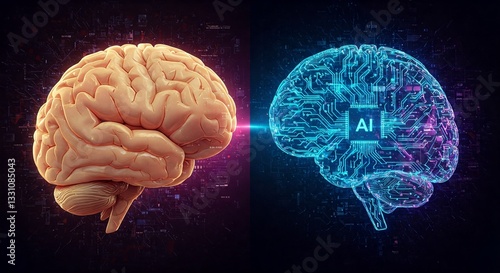 Abstract comparison of human brain and AI brain, symbolizing biological intelligence versus artificial intelligence in a futuristic digital environment.