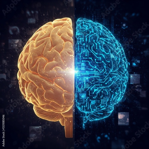Abstract comparison of human brain and AI brain, symbolizing biological intelligence versus artificial intelligence in a futuristic digital environment.