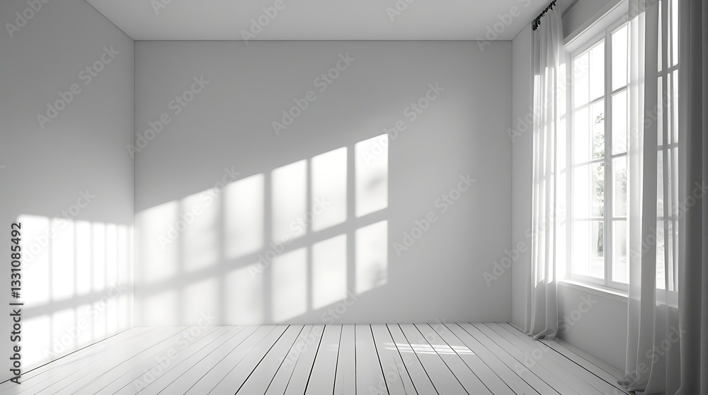 Minimalist bright empty room with white wooden floor, sunlight through large window with sheer curtains, clean interior design, modern open space, soft natural lighting, peaceful atmosphere
Minimalist bright empty room with white wooden floor, sunlight through large window with sheer curtains, clean interior design, modern open space, soft natural lighting, peaceful atmosphere
