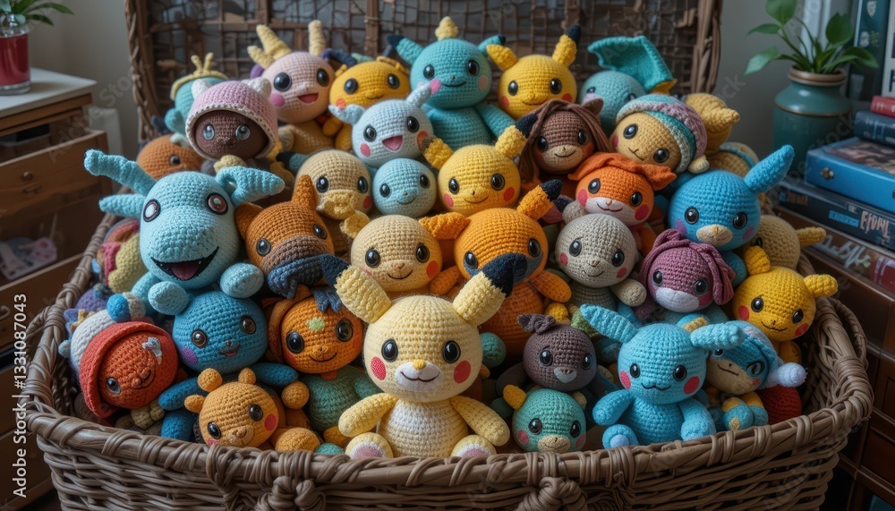 Colorful Collection of Handcrafted Plush Toys in a Wicker Basket Colorful Collection of Handcrafted Plush Toys in a Wicker Basket