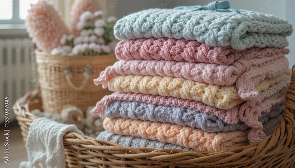 Obraz premium Cozy Handcrafted Blankets Stacked in a Woven Basket Setting
