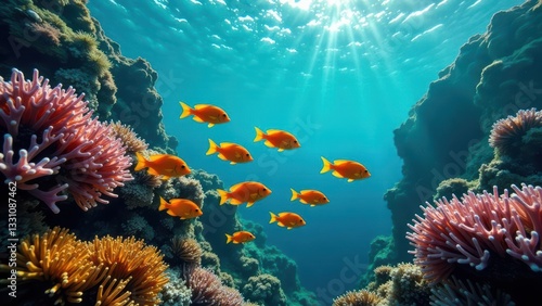 Vibrant orange fish swim amidst a breathtaking underwater coral reef scene, bathed in sunlight filtering through the ocean's surface.