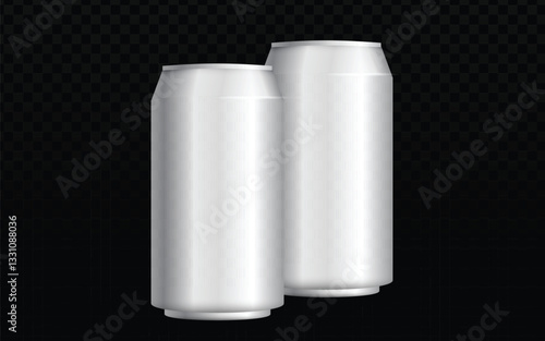 Two white aluminum cans vector, different sizes.  Realistic 3D mockup, metallic texture.  Dark background overlay.  Simple, clean design.  Perfect for mockups, beverage packaging visuals