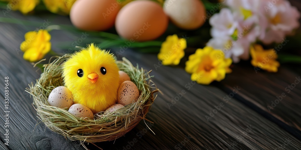 A small yellow bird rests in a nest surrounded by colorful eggs, symbolizing Easter renewal and life.