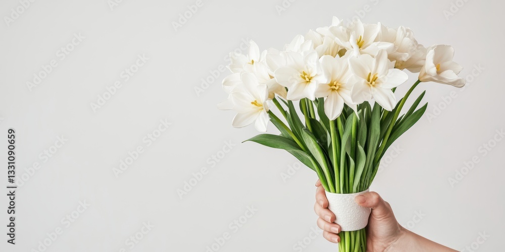A person holds a beautiful bouquet of white flowers, symbolizing purity and renewal for Easter. A person holds a beautiful bouquet of white flowers, symbolizing purity and renewal for Easter.