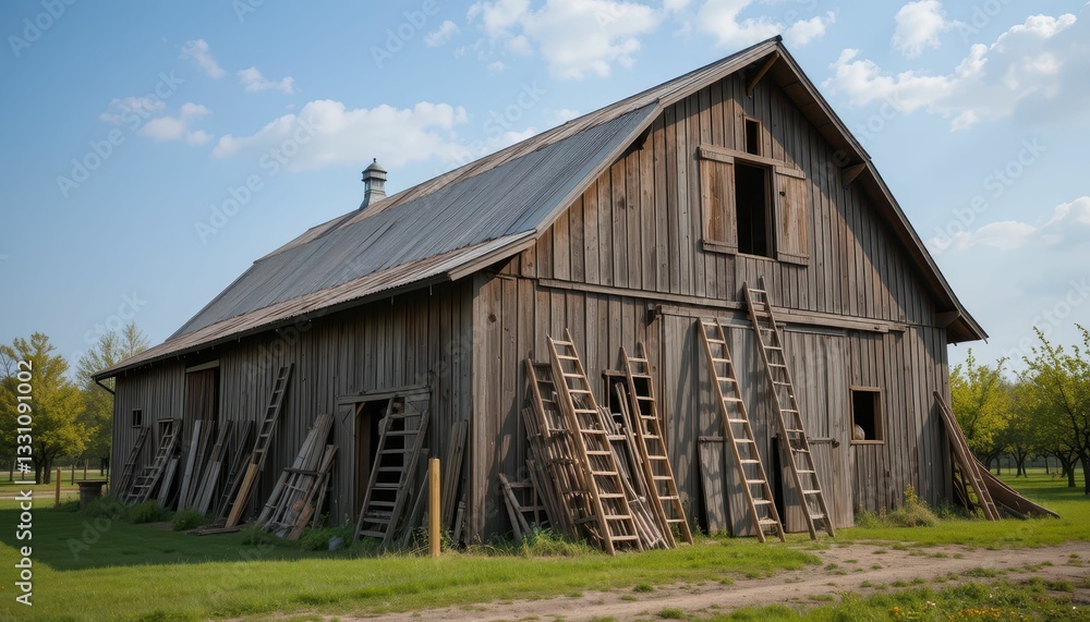 Rustic Barn with Ladders Against Clear Blue Sky in Countryside Rustic Barn with Ladders Against Clear Blue Sky in Countryside