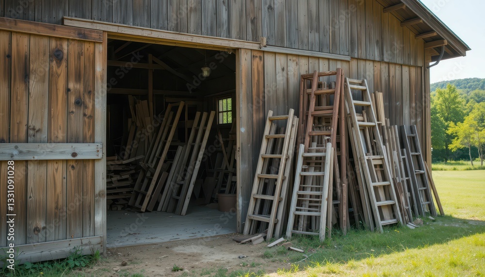 Obraz premium Rustic Wooden Barn Interior with Stacked Ladders and Tools