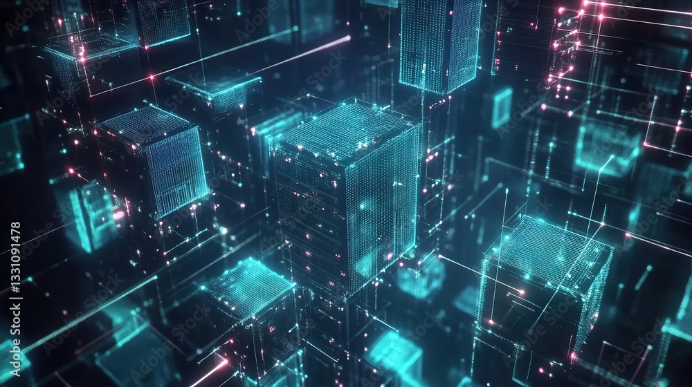 Obraz premium Futuristic Abstract 3D Digital Cityscape with Neon Lights and Grid
