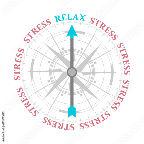 The needle of compass points to the word relax ignoring the words stress. Healthy lifestyle concept. Stress management and emotion relief.
