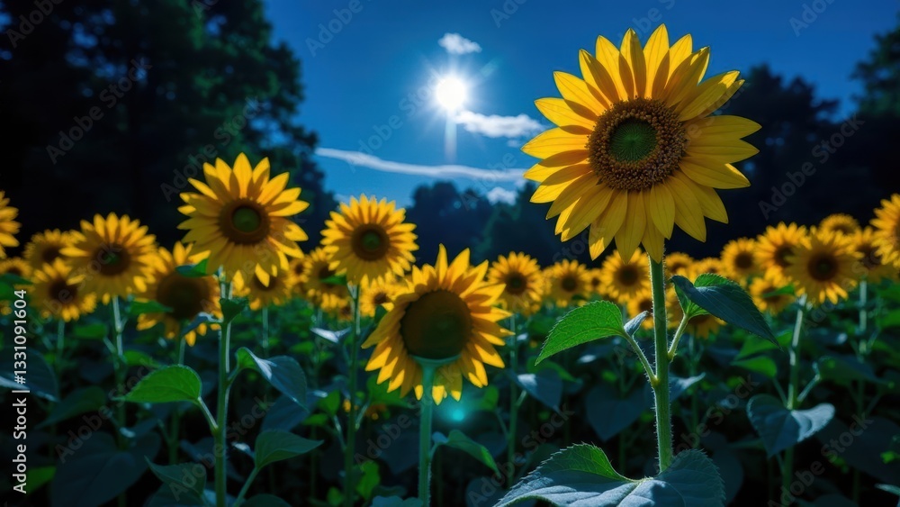 Fototapeta premium Sunlit Sunflower Field, Vibrant Yellow Blossoms Basking in Golden Hour Light, Tall Stalks Reaching for the Sun