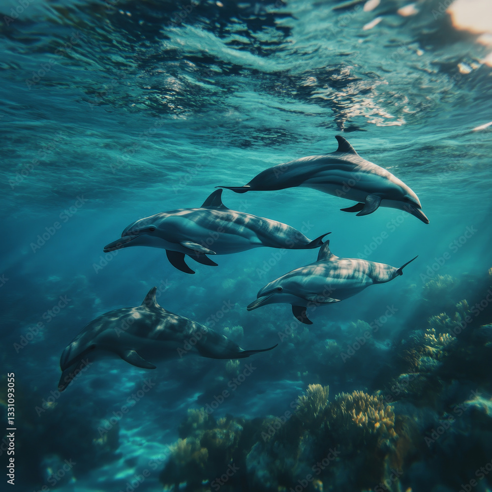 The image shows three dolphins swimming in the ocean near a coral reef. The water is crystal clear The image shows three dolphins swimming in the ocean near a coral reef. The water is crystal clear