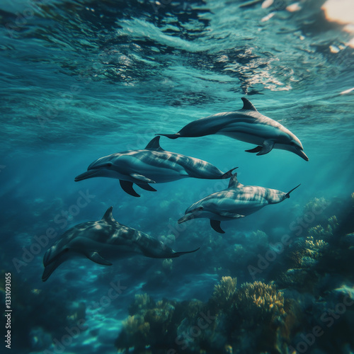 Wallpaper Mural The image shows three dolphins swimming in the ocean near a coral reef. The water is crystal clear Torontodigital.ca