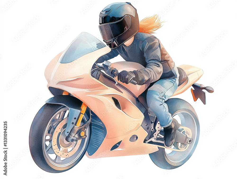 watercolor painting of person riding sleek street racing motorcycle, wearing black helmet and jacket, with dynamic pose and sense of speed and motion watercolor painting of person riding sleek street racing motorcycle, wearing black helmet and jacket, with dynamic pose and sense of speed and motion