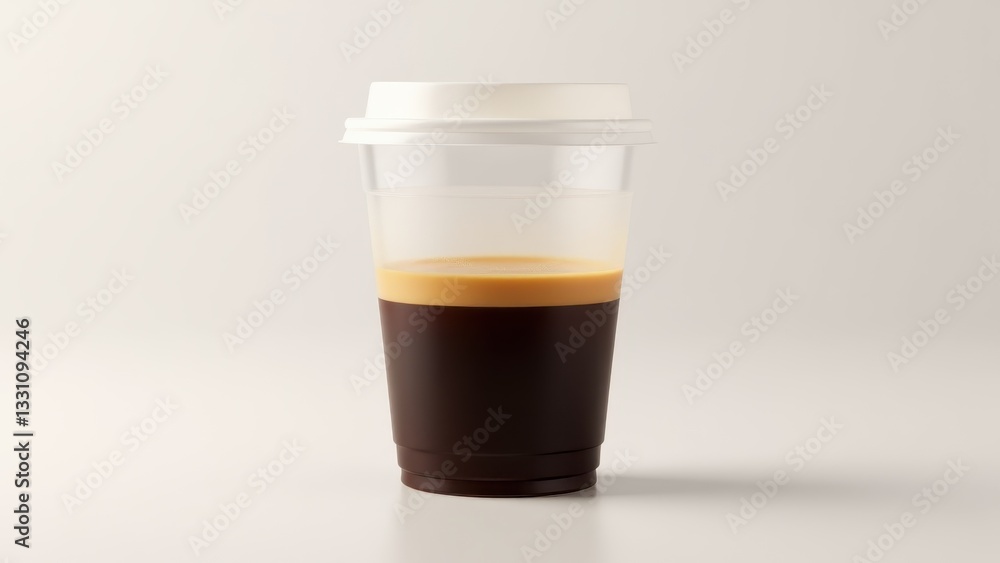 A plastic cup filled with coffee and a layer of cream, with a white lid on top. A plastic cup filled with coffee and a layer of cream, with a white lid on top.
