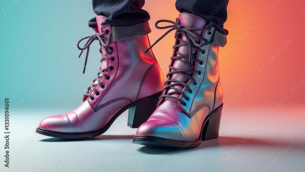 Shiny, colorful dancing boots with a metallic finish and laces, perfect for a night out.