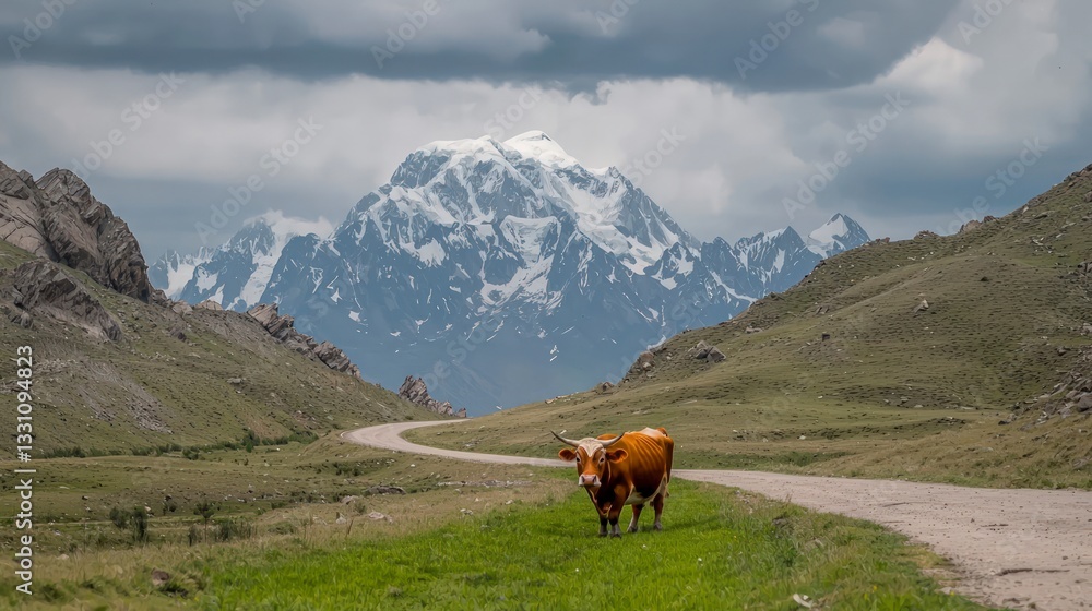 Fototapeta premium Majestic Mountain Cow Serene Landscape Photography