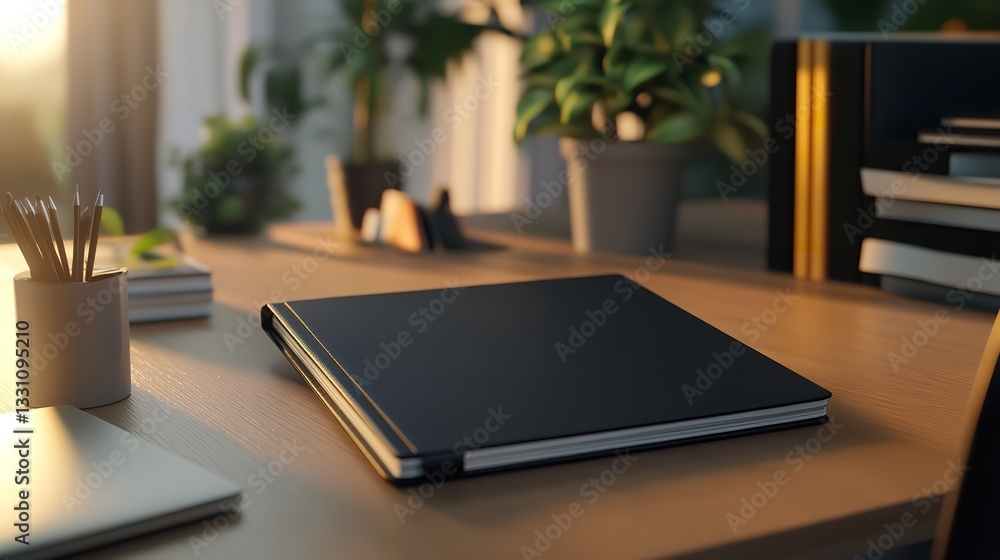Close up of a black notebook on a desk with natural light and copy space Close up of a black notebook on a desk with natural light and copy space