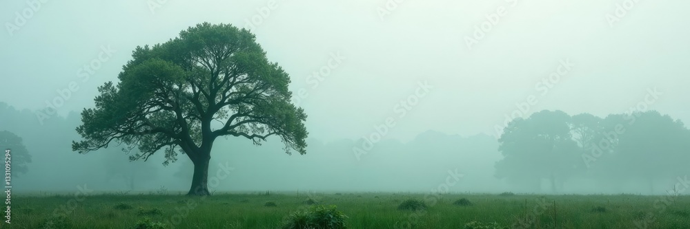 Fototapeta premium Single isolated tree in a misty forest environment, isolation, landscape, calm