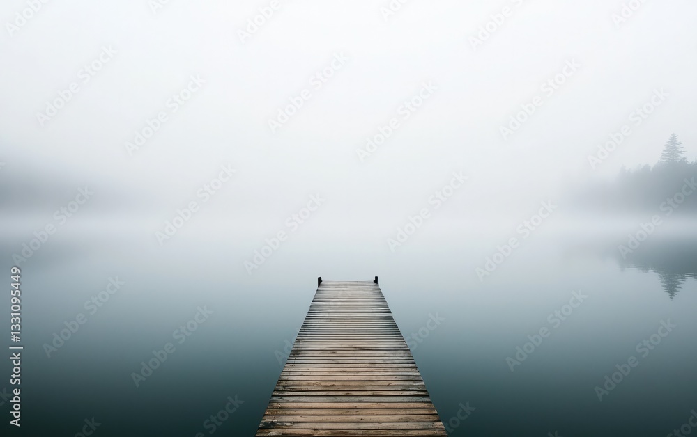 Fototapeta premium Foggy Lake With Wooden Pier And Misty Trees