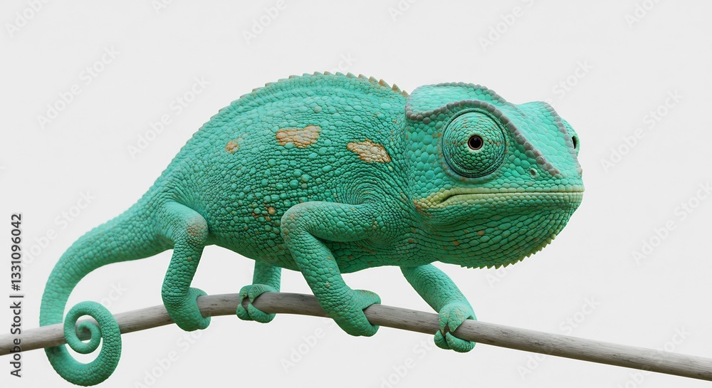 Obraz premium Vibrant turquoise chameleon delicately perches on thin branch soft light illuminates its scales. AI Generated
