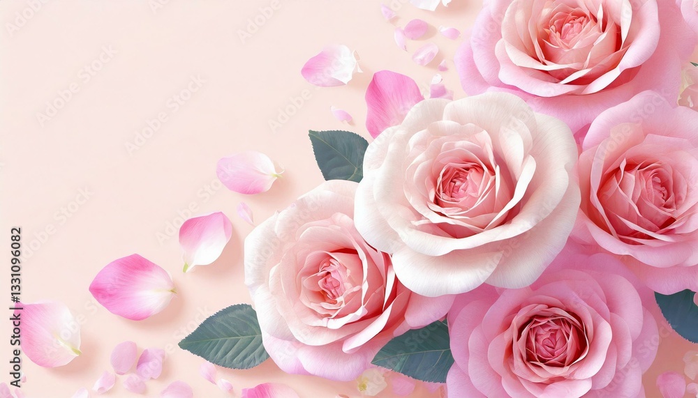 Fototapeta premium Illustration of rose frame on pink background. Wedding, Valentine's Day, Mother's Day Concept.