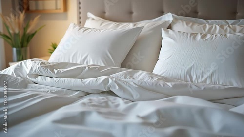  Luxurious white bed with plush pillows and soft bedding in a bright room