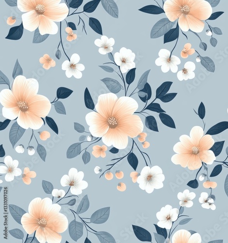 Floral seamless pattern with pastel blue and peach flowers on a light background