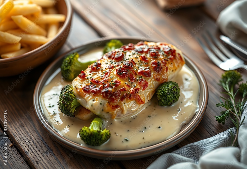 Baked Chicken Breast with Creamy Sauce Broccoli and French Fries Baked Chicken Breast with Creamy Sauce Broccoli and French Fries