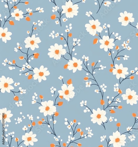 Floral seamless pattern with pastel blue and peach flowers on a light background