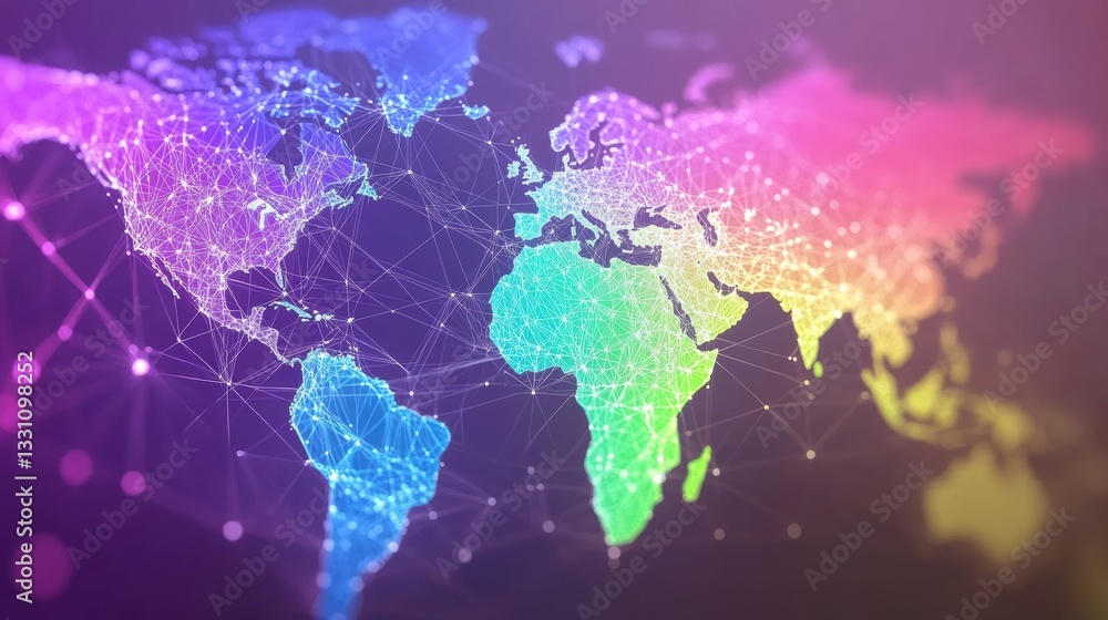 Fototapeta premium Colorful Global Network Visualization World Map Abstract Background
