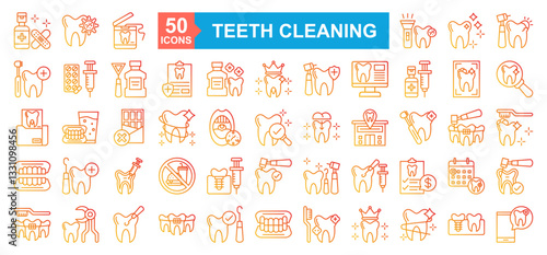 Teeth Cleaning And Whitening Icon Sheet Tooth Extraction, Dental Surgery, Braces, Dental, Denture, Toothbrush, Dental Crown, Tooth, Dental Implant, Telemedicine, Root Canal, No Fast Food