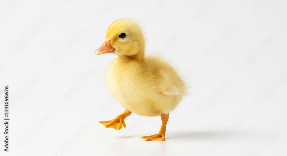 Fluffy yellow duckling waddles playfully against bright white background. AI Generated Fluffy yellow duckling waddles playfully against bright white background. AI Generated