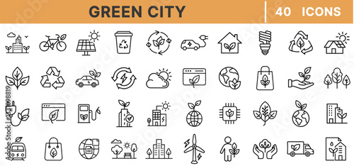 Green City Line Icons Set – Sustainable Urban Living, Renewable Energy, Eco-Friendly Transport, Recycling, Smart Cities, Green Buildings, and Environmental Conservation
