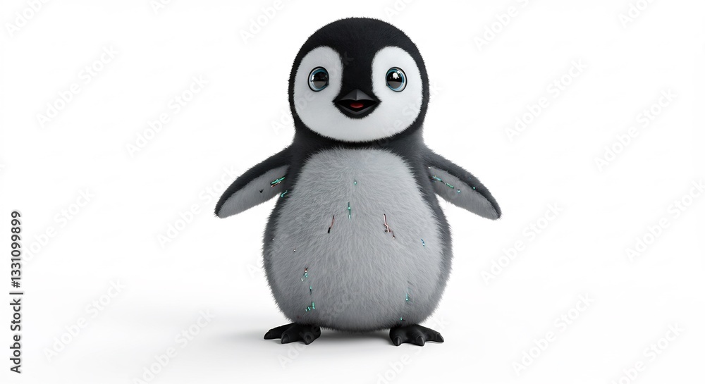 Naklejka premium Adorable baby penguin stands playfully against bright white background. AI Generated