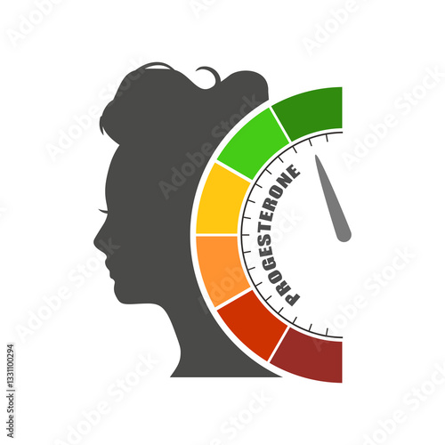 An abstract measuring device scale showing changes in hormone progesterone level. Health care concept illustration. Head of woman silhouette.