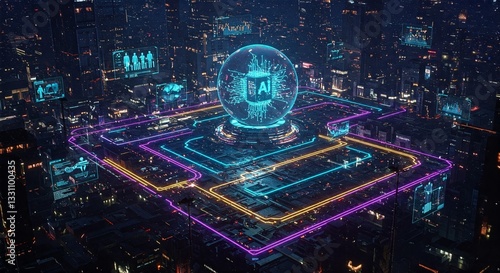 Futuristic city with AI-driven decision pathways, glowing data streams, and holographic interfaces, symbolizing artificial intelligence shaping the future.