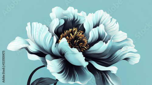 A visually captivating digital painting of a stylized peony, constructed with overlapping black and white forms, accented with minimal gold detailing