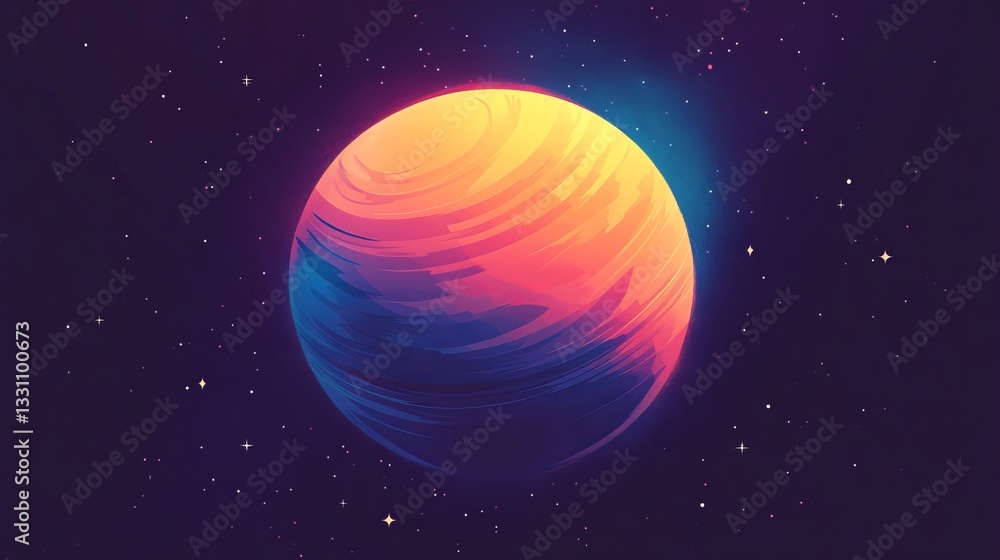 Obraz premium Abstract Colorful Planet In Space. Cosmic Digital Art With Stylized Celestial Object And Stars.