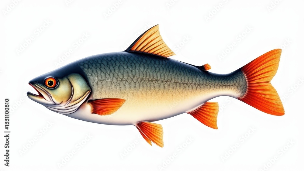 Fototapeta premium A detailed fish stencil illustration with vibrant orange fins and a gradient blue-gray body.